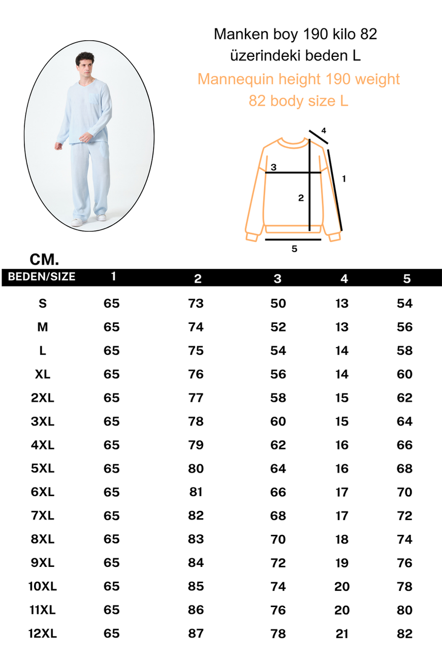 %100 Pamuk Salaş Müslin Pijama Takımı S-10XL Buz Mavi d34-b32