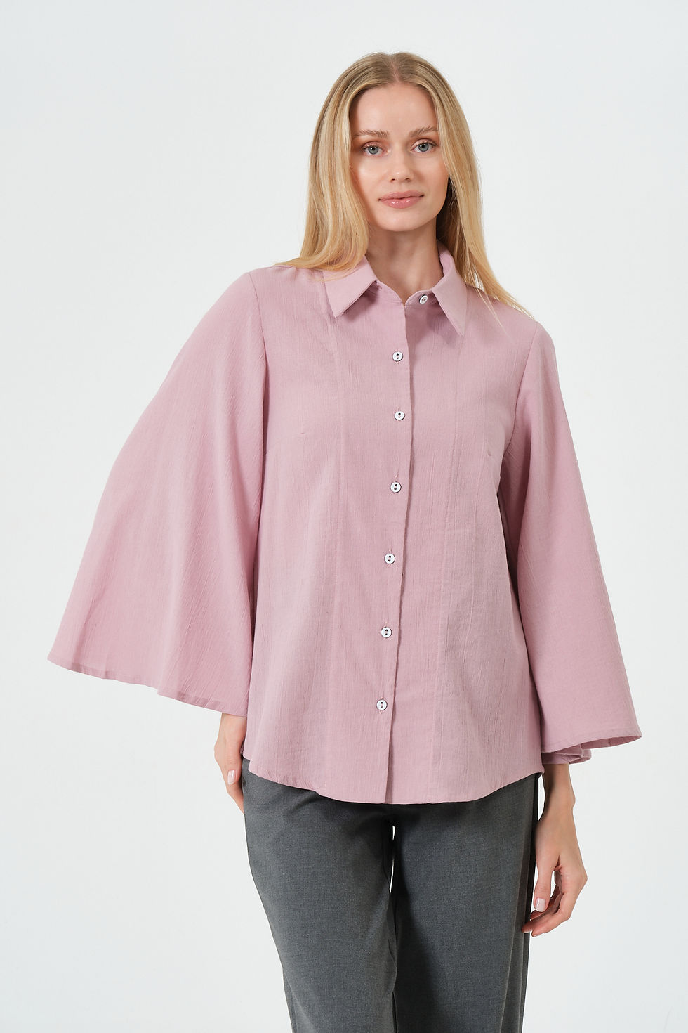 %100 Pamuk Rahat Kalıp İspanyol Kol Lila Kadın Gömlek b37