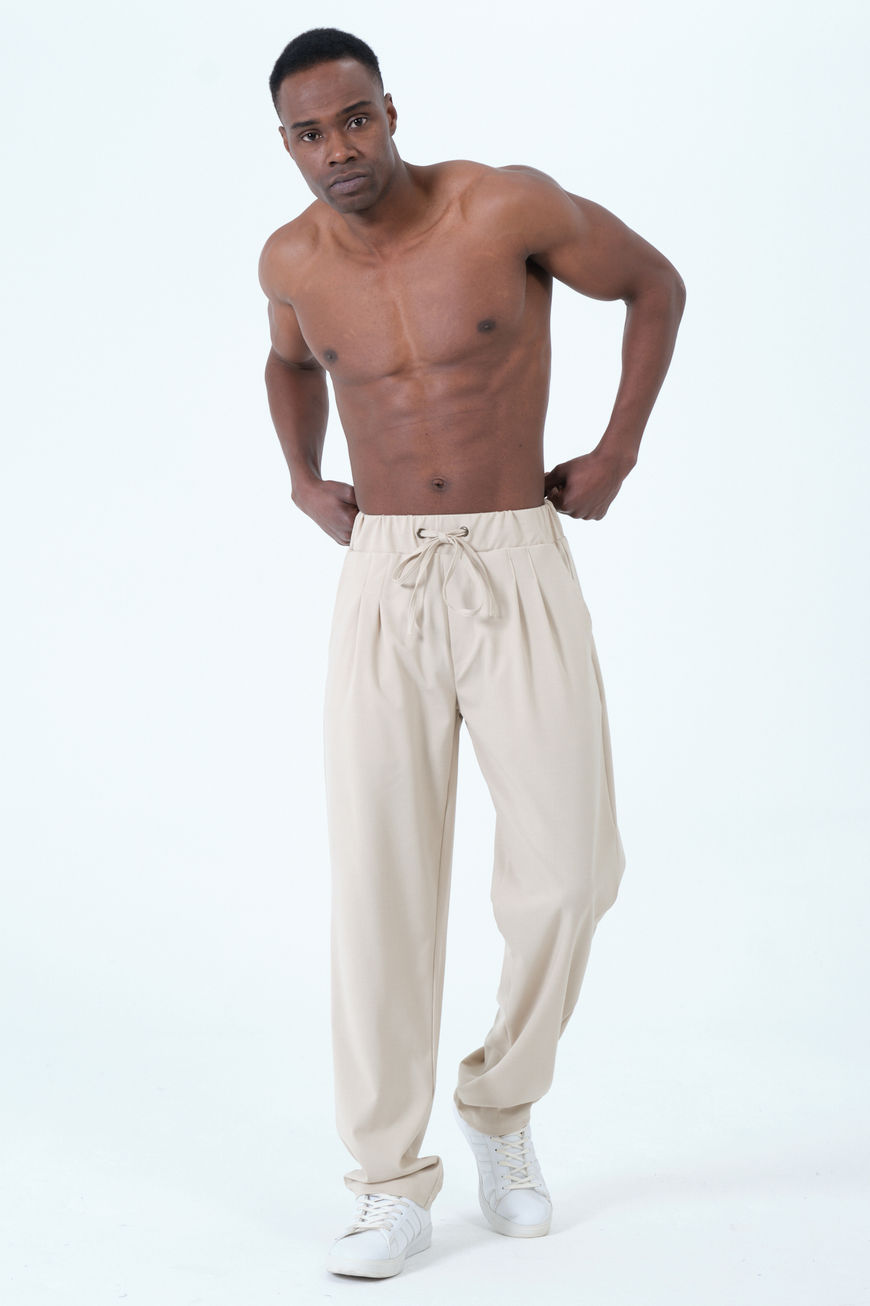 Ofis Şıklığı Pileli Bağcıklı Lastik Bel Kumaş Bej Baggy Pantolon d41