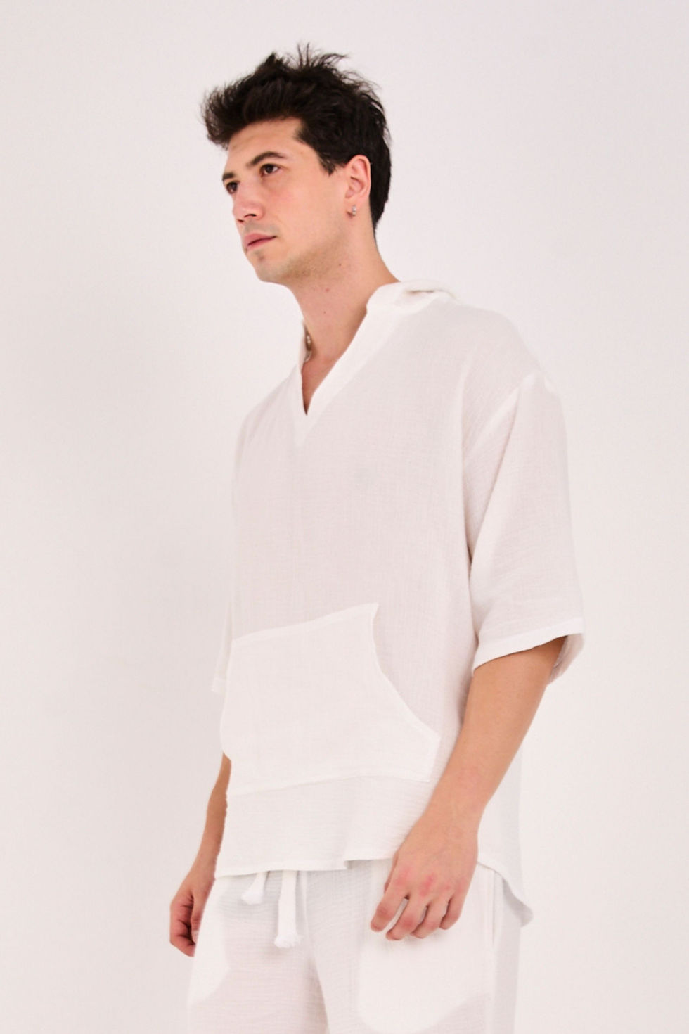 2’li Takım %100 Pamuk Unisex Ekru Şort ve Kapüşonlu Sweatshirt