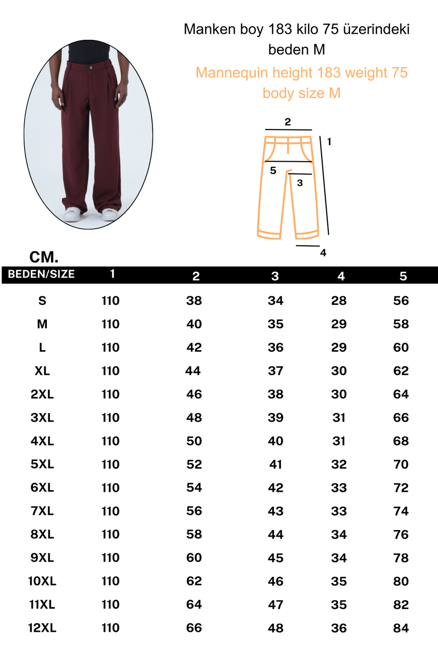 Erkek Bordo Kumaş Pantolon Salaş Kesim Pileli Bol Paça S-12XL a58