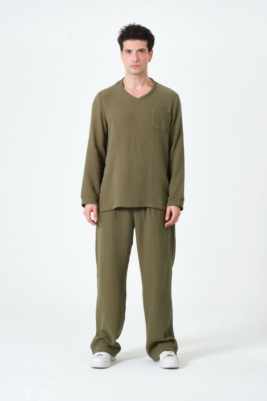 Battal Boy %100 Pamuk Müslin Rahat Kalıp Haki Pijama Takımı a35-a33