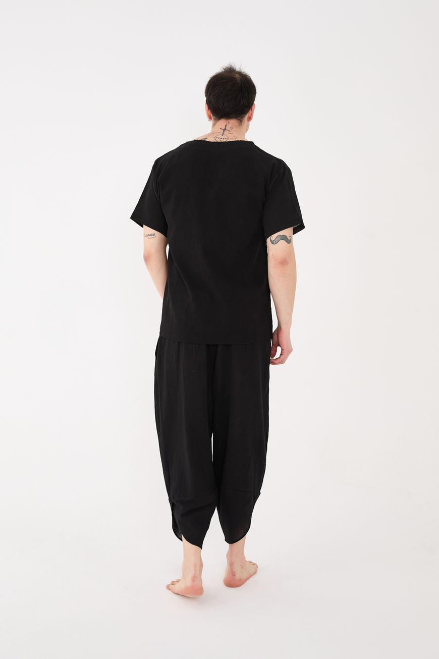 %100 Pamuk Şile Bezi Pis Yaka Oversize Erkek Siyah Tişört Yoga Kıyafeti