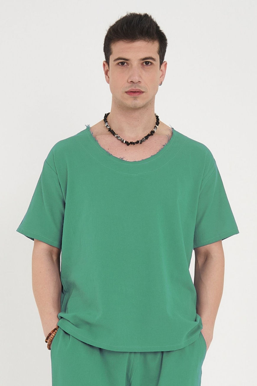 %100 Pamuk Şile Bezi Oversize Erkek Tişört Benetton Yeşil Yoga Meditasyon