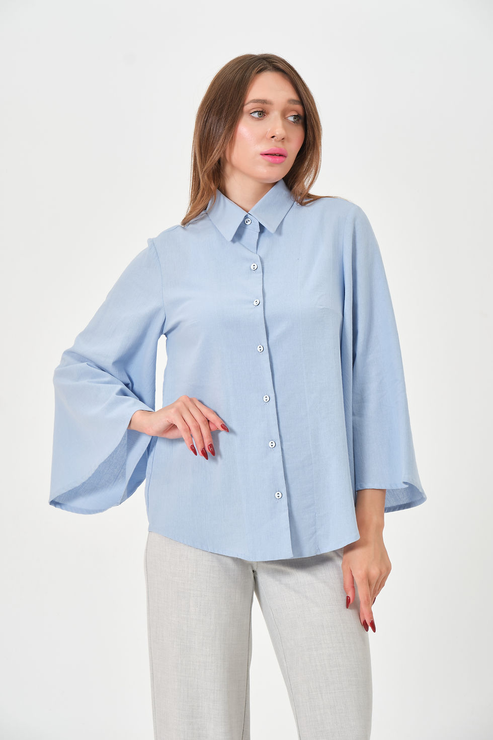 2XS-10XL %100 Pamuk Rahat Kesim Kadın Gömlek Buz Mavi