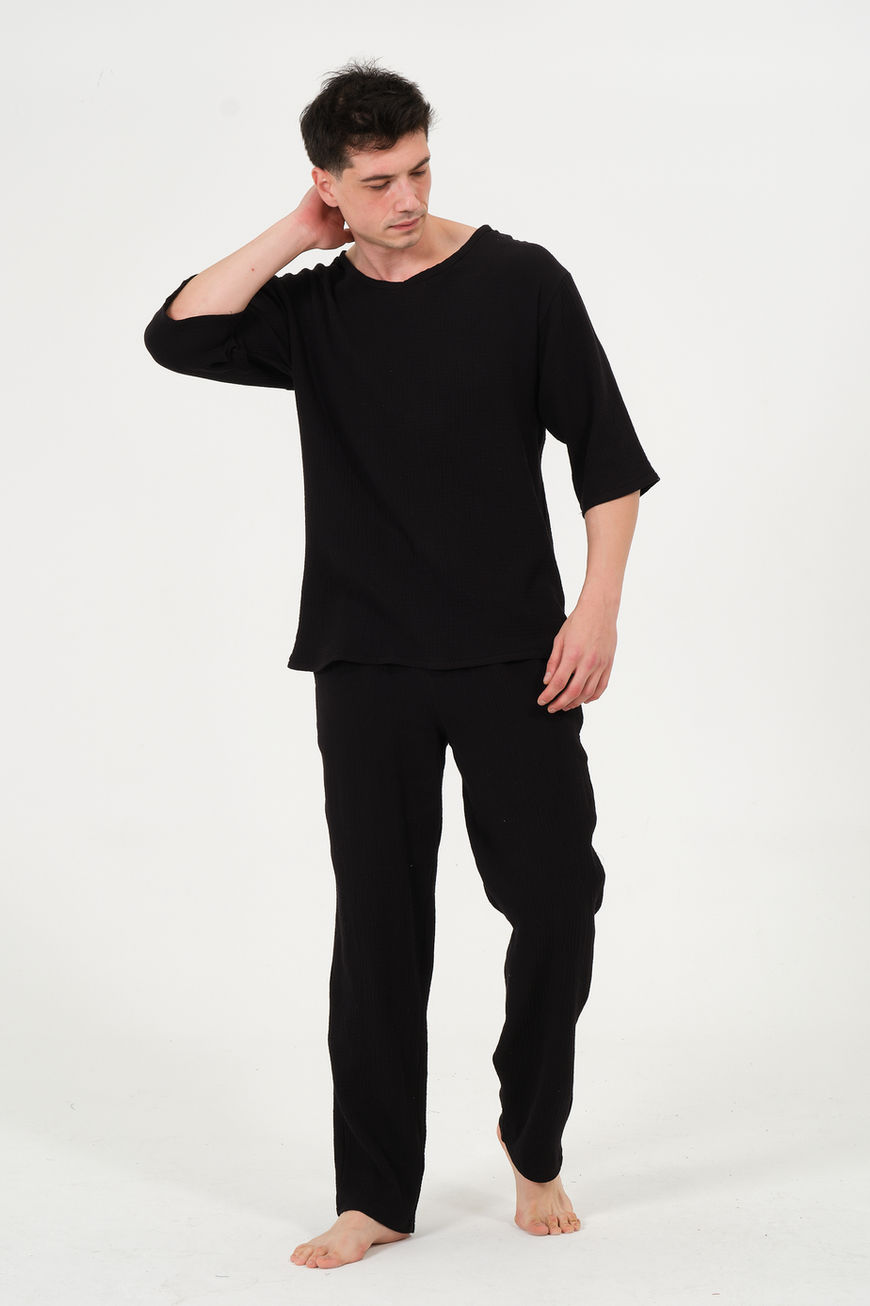 %100 Pamuk Müslin Baggy Siyah Eşofman Pantolon Ev Giyim