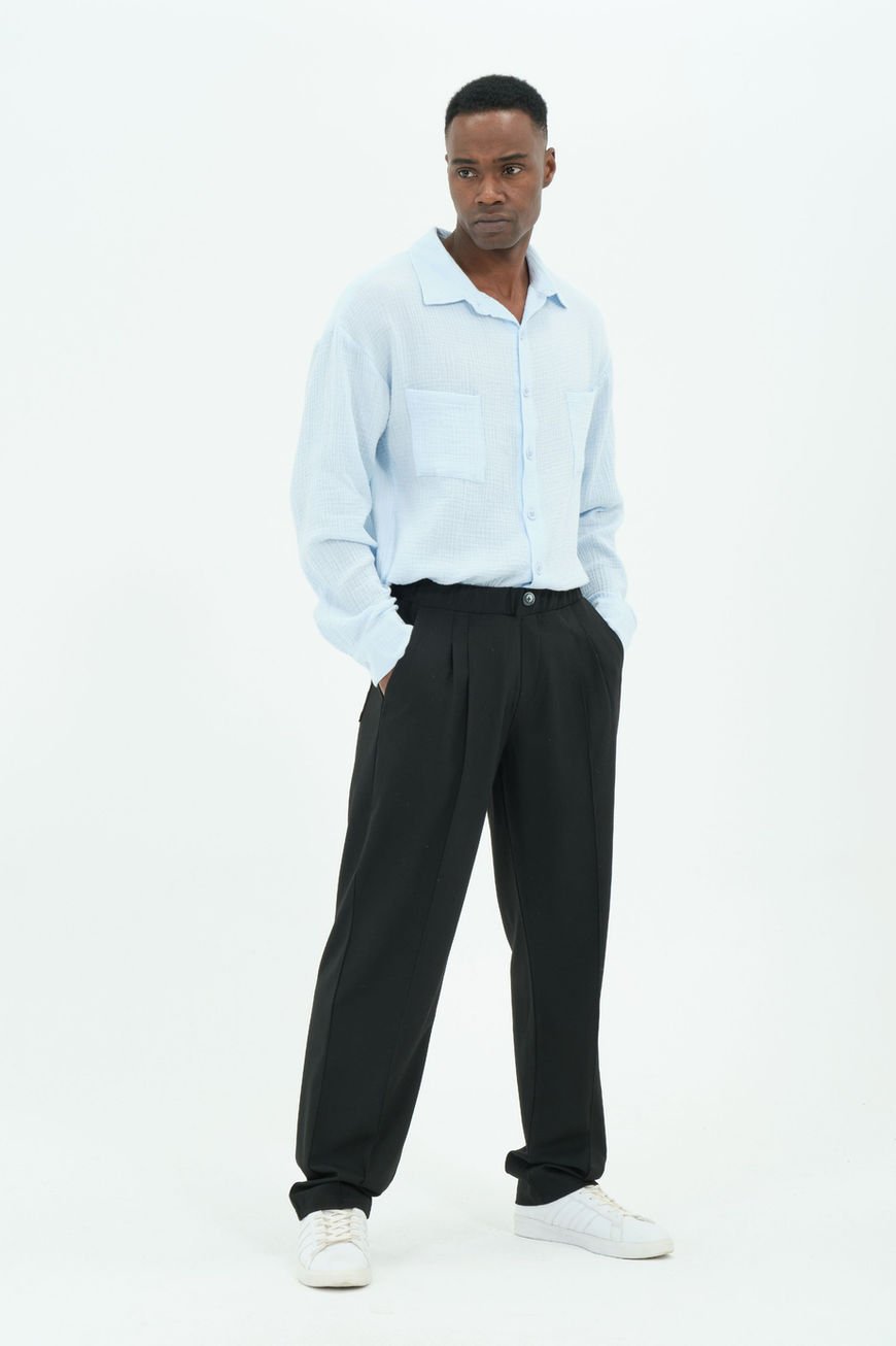 2XS-10XL Rahat Kalıp Yalancı Düğme Bol Paça Pileli Siyah Pantolon