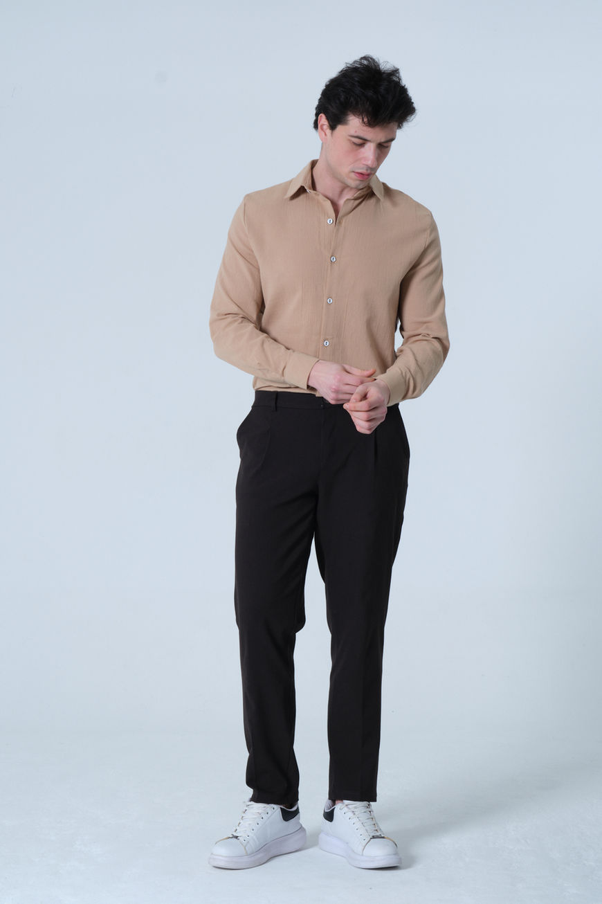 Acı Kahve Erkek Kumaş Pantolon Yarım Lastik Bel Regular Fit