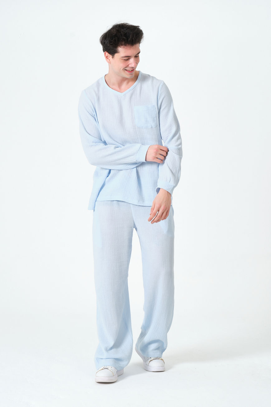 %100 Pamuk Müslin Relaxed Fit Uzun Kol Tişört Buz Mavi