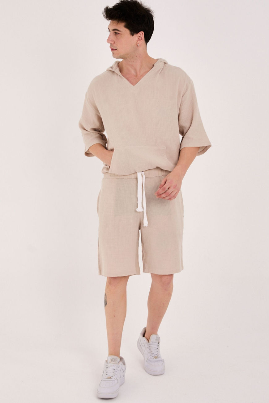 2’li Takım %100 Pamuk Müslin Bej Şort ve Kapüşonlu Sweatshirt
