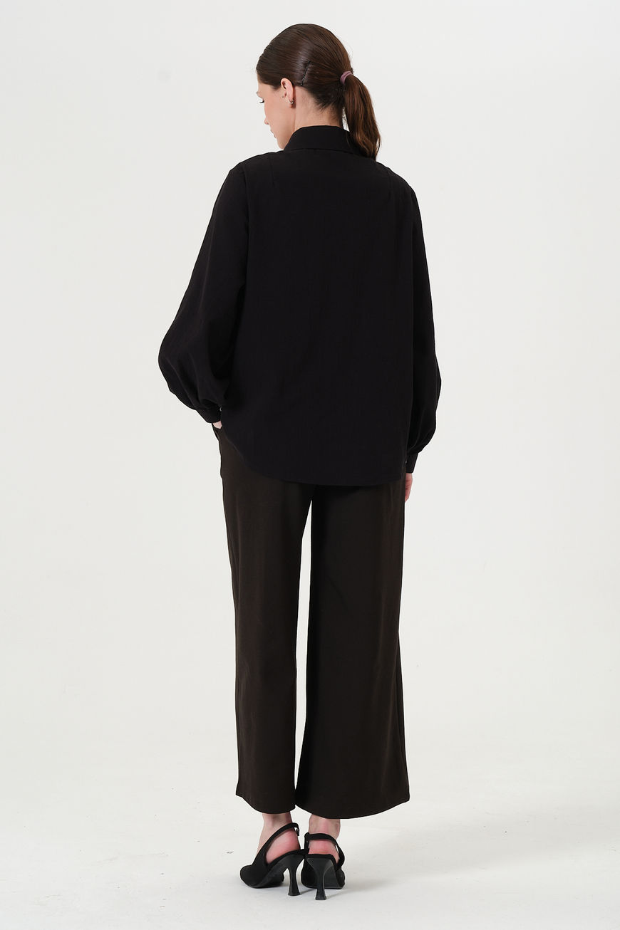 Büyük Beden Rahat Kalıp Balon Kol Siyah Kadın Gömlek