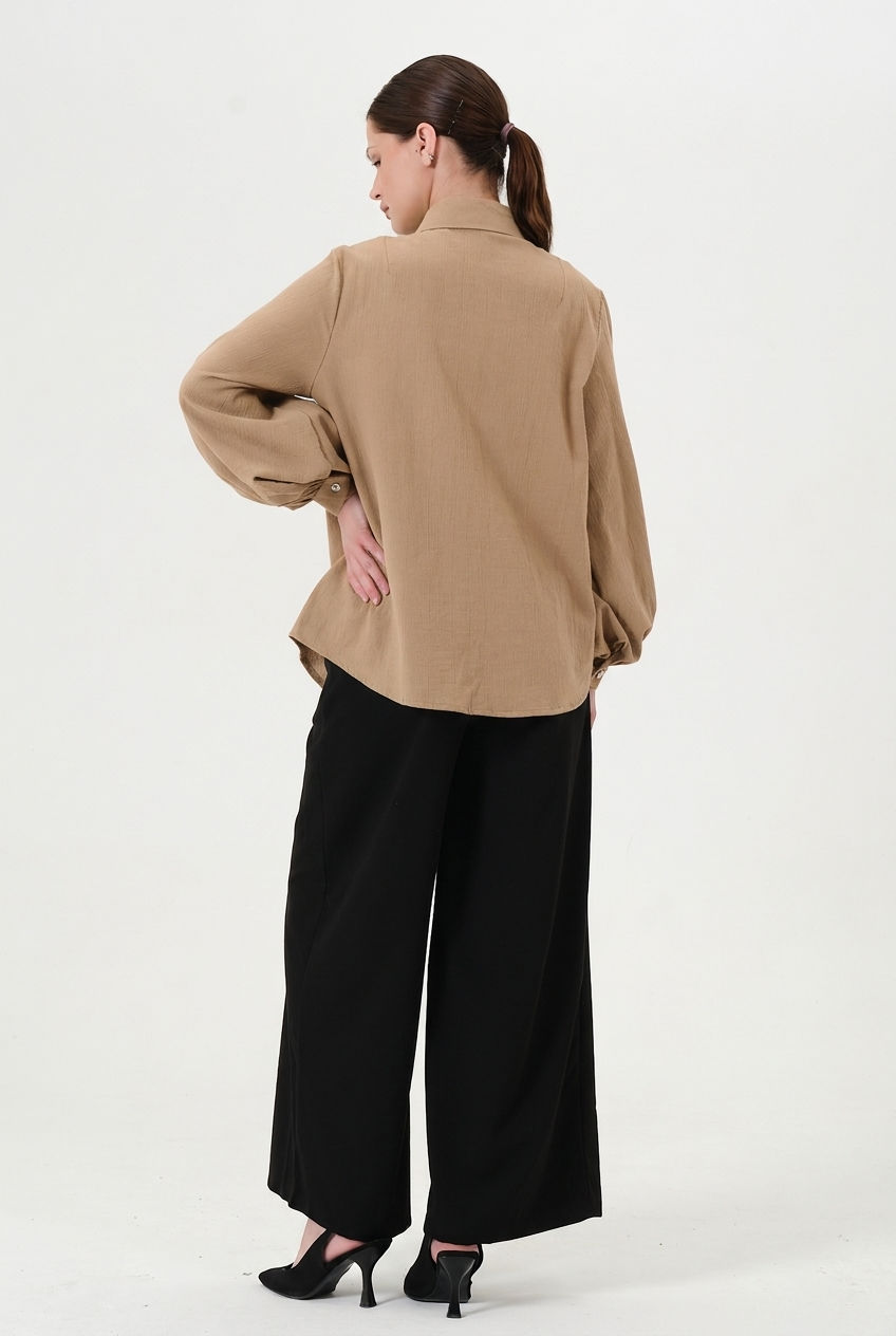 %100 Pamuk Relaxed Fit Balon Kol Basic Bej Kadın Gömlek