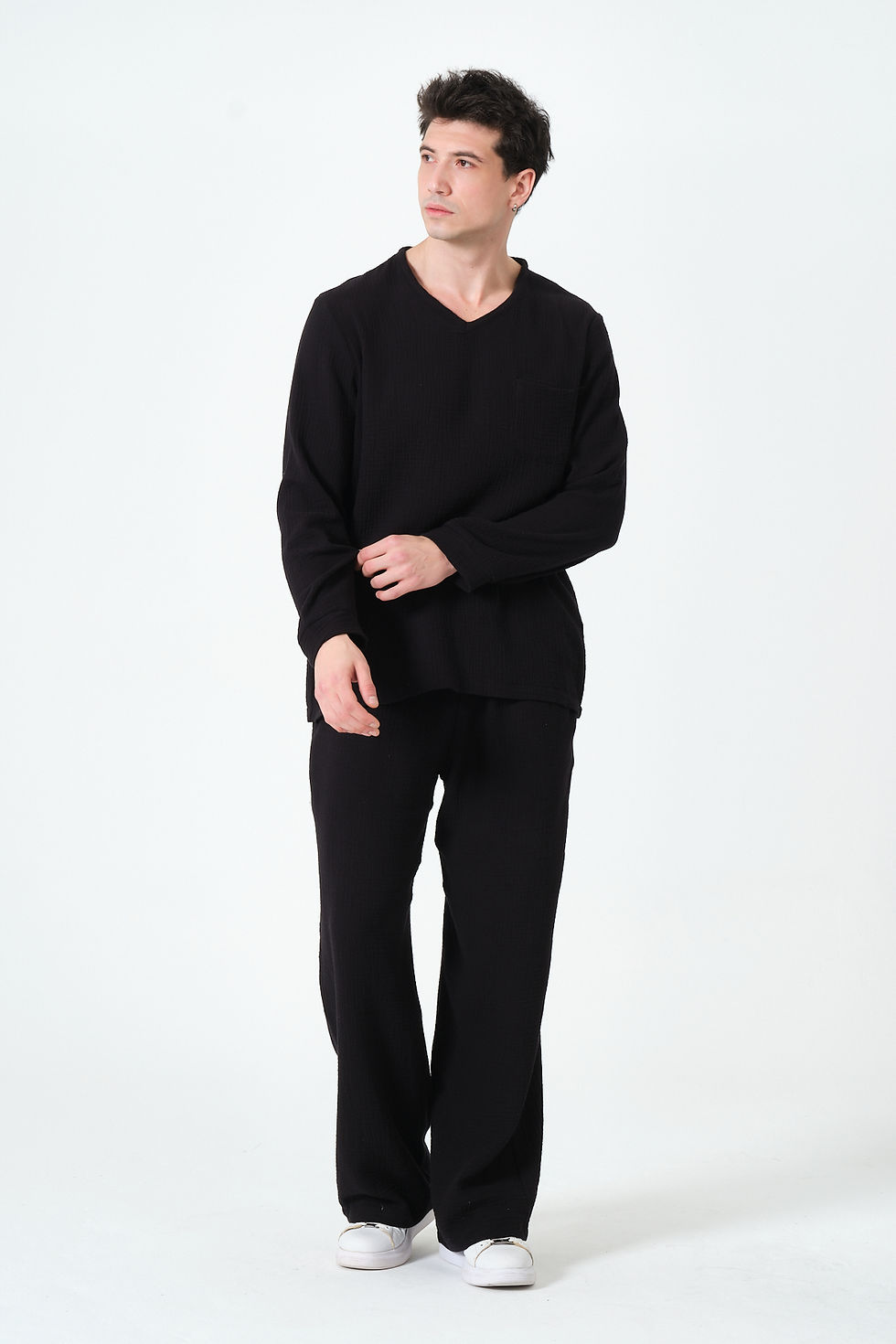 S-10XL Müslin Kumaş %100 Pamuk Salaş Siyah Pijama Takımı a36-d33