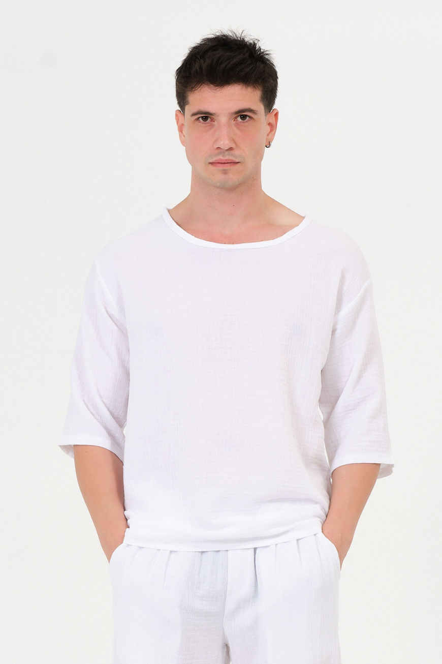 %100 Pamuk Müslin Fakir Kol Oversize Beyaz Tişört Ev Giyim