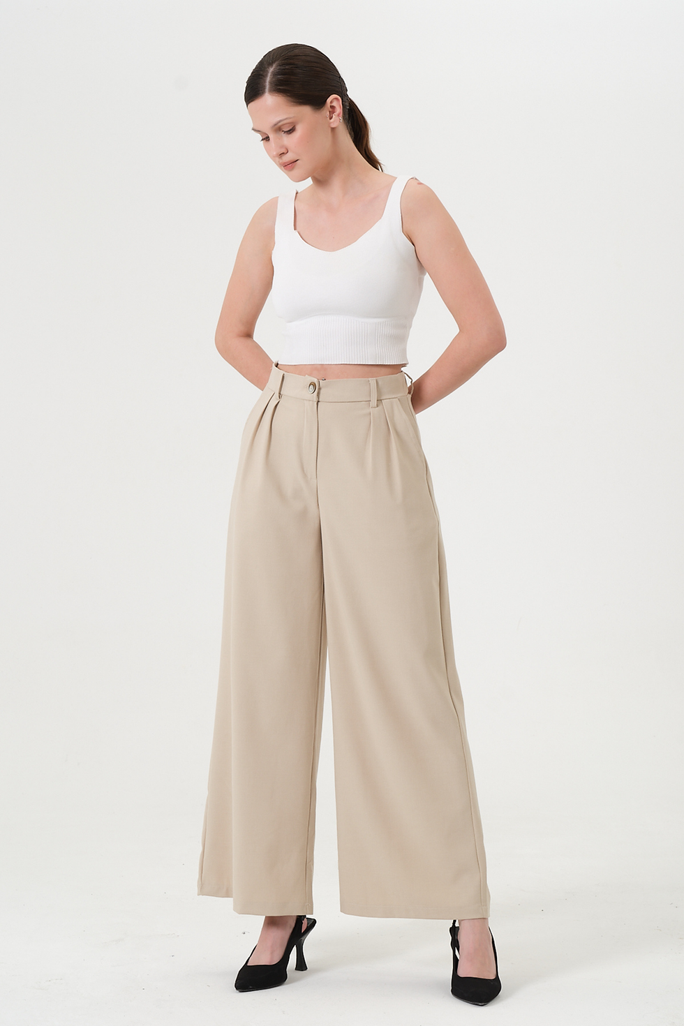 Geniş Basen Büyük Beden Bol Paça Bej Palazzo Pantolon Kadın b60