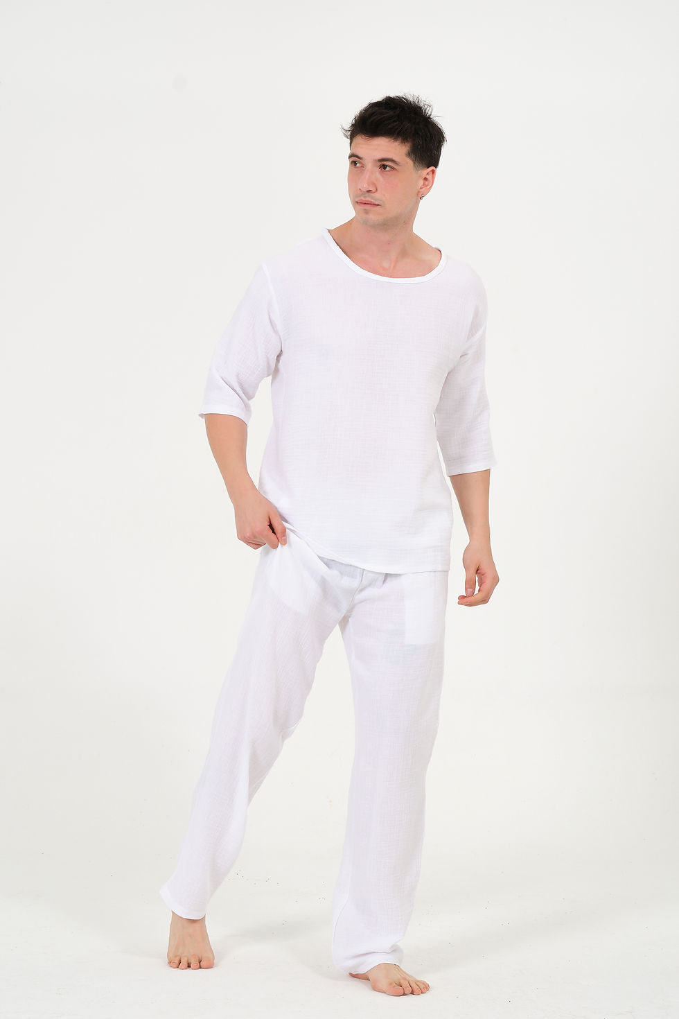 %100 Pamuk Müslin Fakir Kol Oversize Beyaz Tişört Ev Giyim