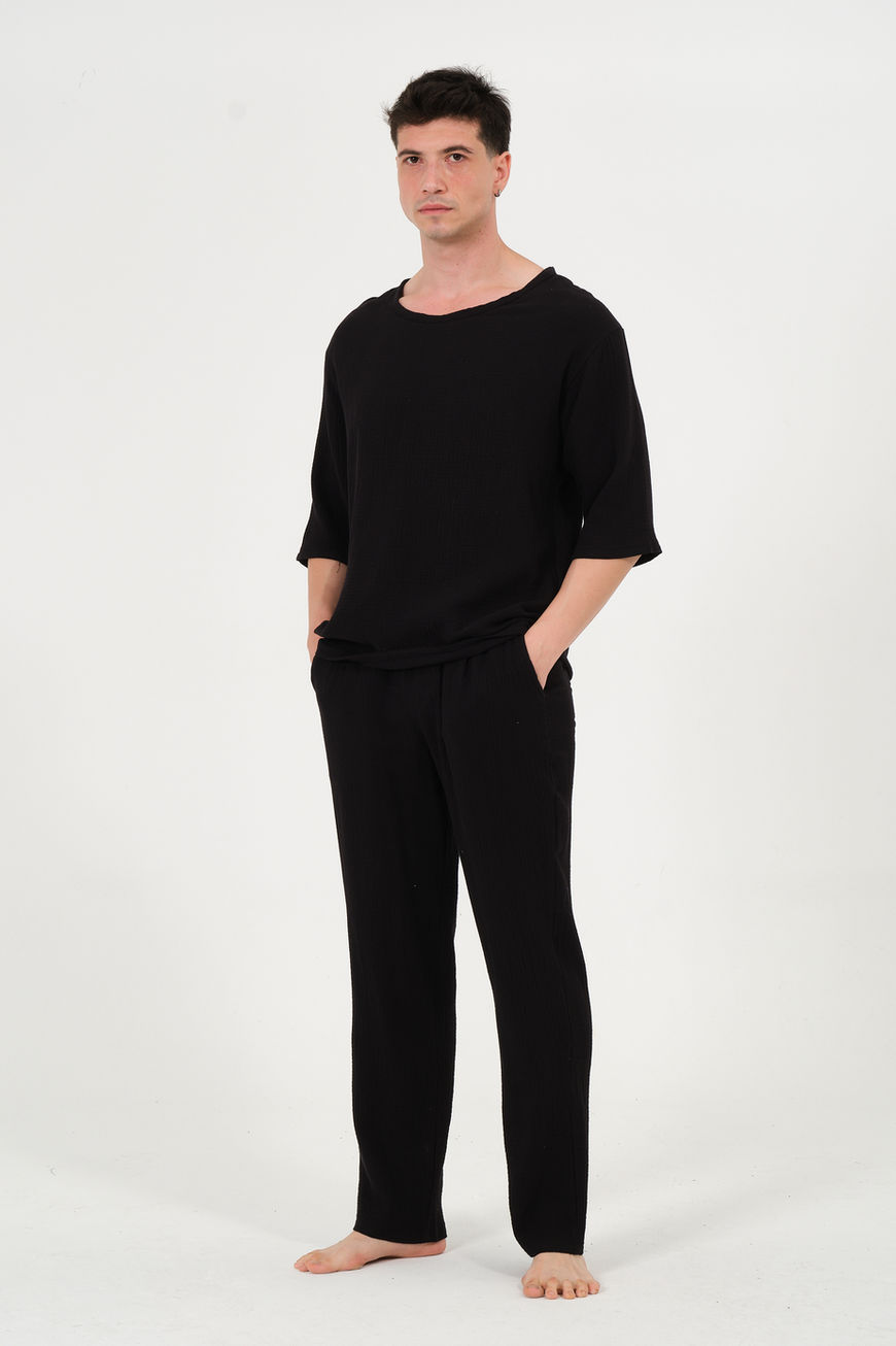 %100 Pamuk Müslin Baggy Siyah Eşofman Pantolon Ev Giyim