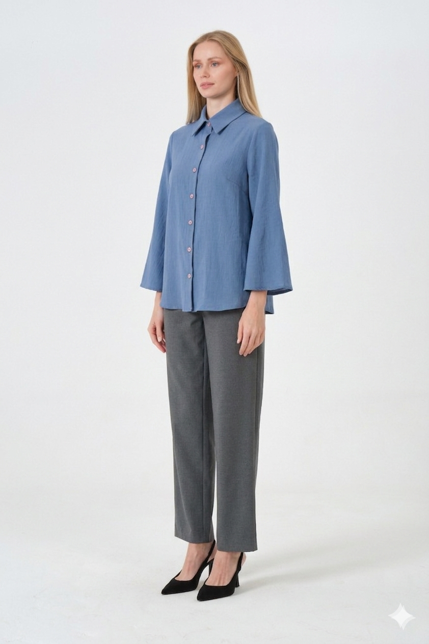 Ofis Şıklığı %100 Pamuk İspanyol Kol Kadın Gömlek İndigo Mavi