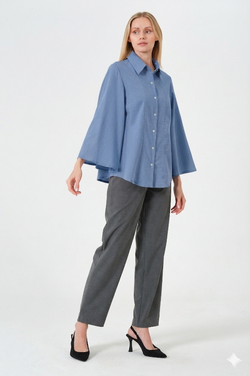 Ofis Şıklığı %100 Pamuk İspanyol Kol Kadın Gömlek İndigo Mavi