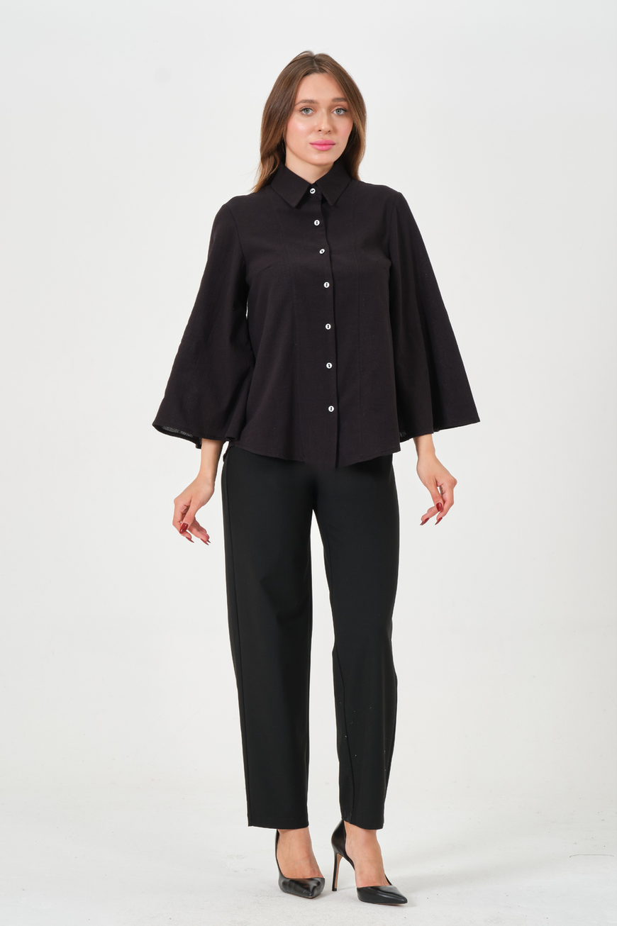 %100 Pamuk İspanyol Kol Siyah Kadın Gömlek Ofis Şıklığı