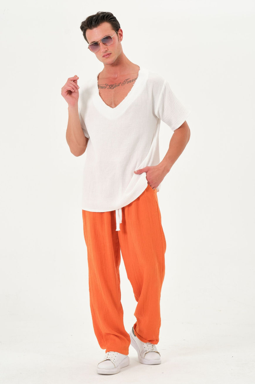 %100 Pamuk Müslin Kumaş Salaş Kesim Yazlık Turuncu Baggy Pantolon
