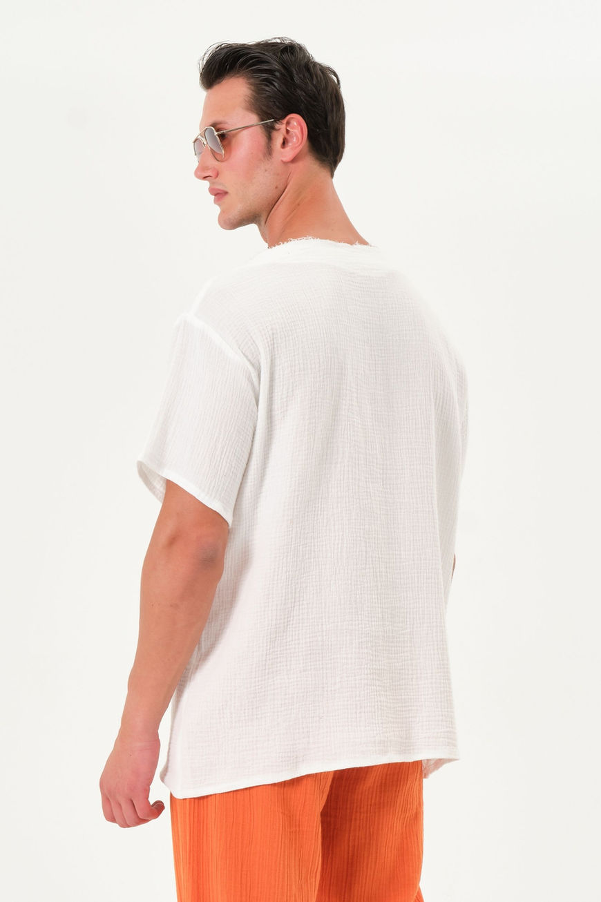 %100 Pamuk Bol Kalıp Pis Dikiş V Yaka Ekru Müslin T-Shirt Yoga Meditasyon