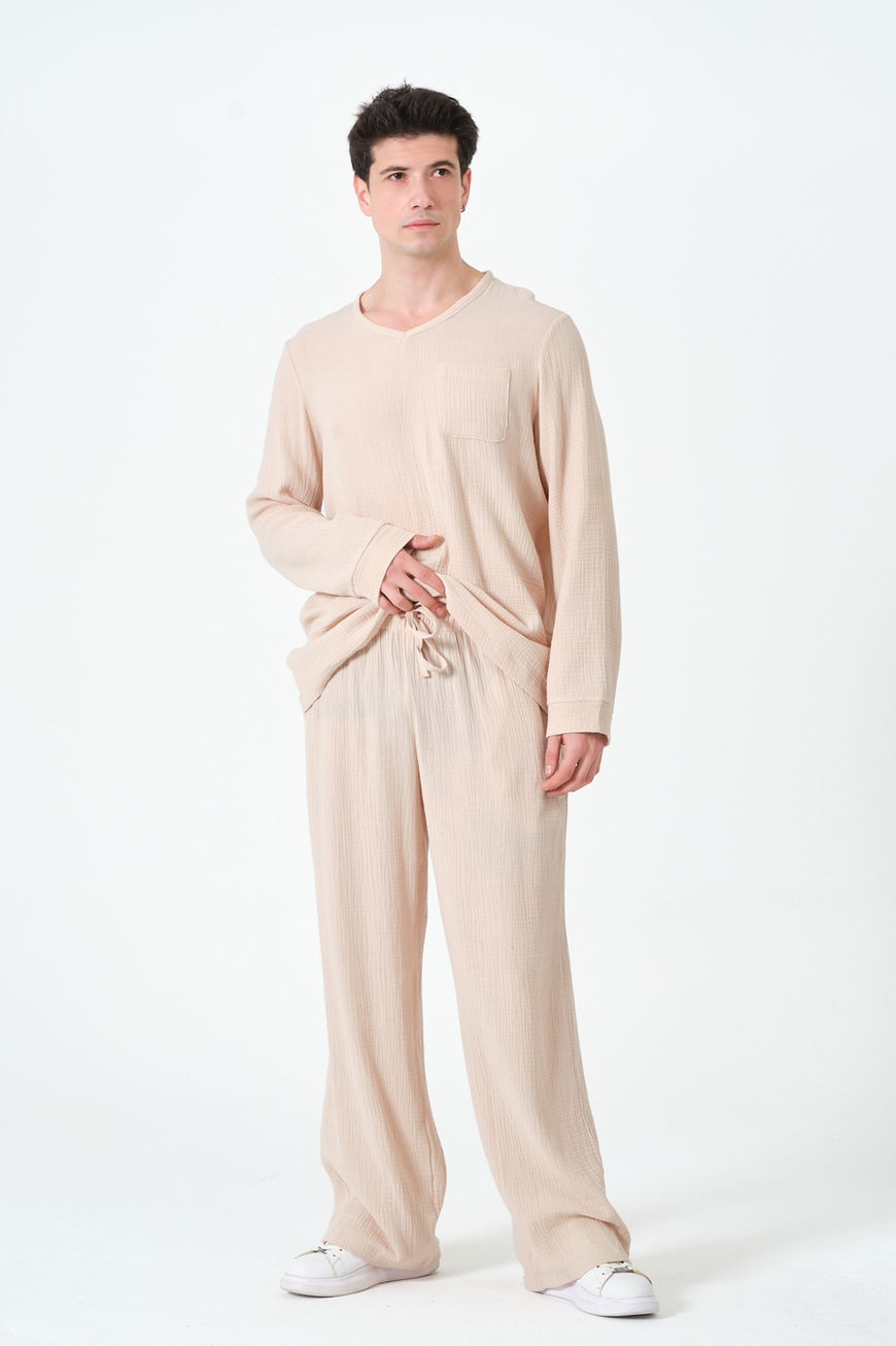 %100 Pamuk Oversize Geniş Paça Müslin Bej Eşofman Altı S-12XL