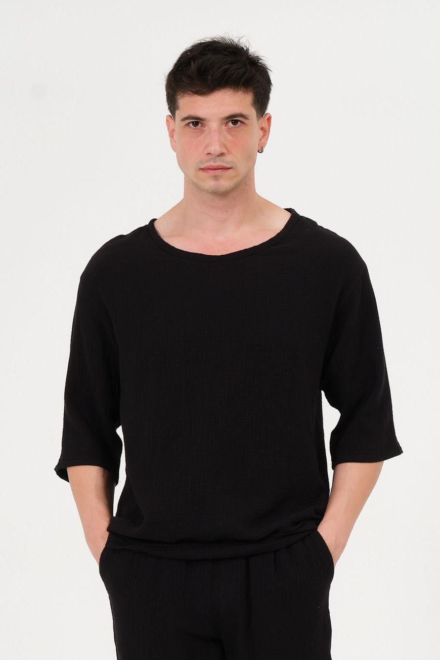 %100 Pamuk Basic Bisiklet Yaka Bol Kalıp Müslin Siyah Tişört