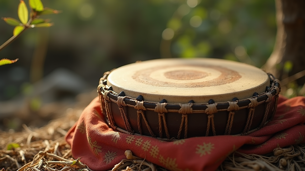 Close-up view of a shamanic drum resting on natural fabric