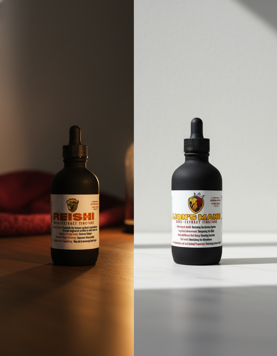 Reishi Tincture bottle next to Lion's Mane Tincture bottle from Boxed-In Mushroom co. 