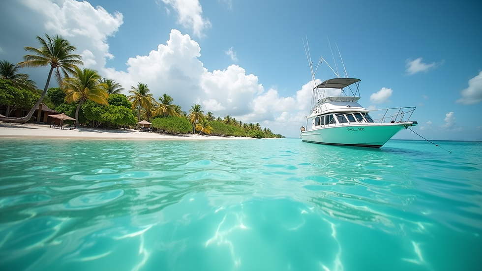 Eye-level view of a charter boat anchored near a secluded beach in the Florida Keys
