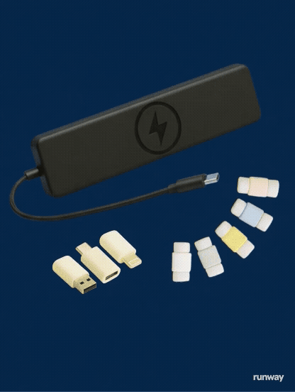 Gen-4 Turbo Gentle 360-degree rotation of the black power bank and colorful adapters on da