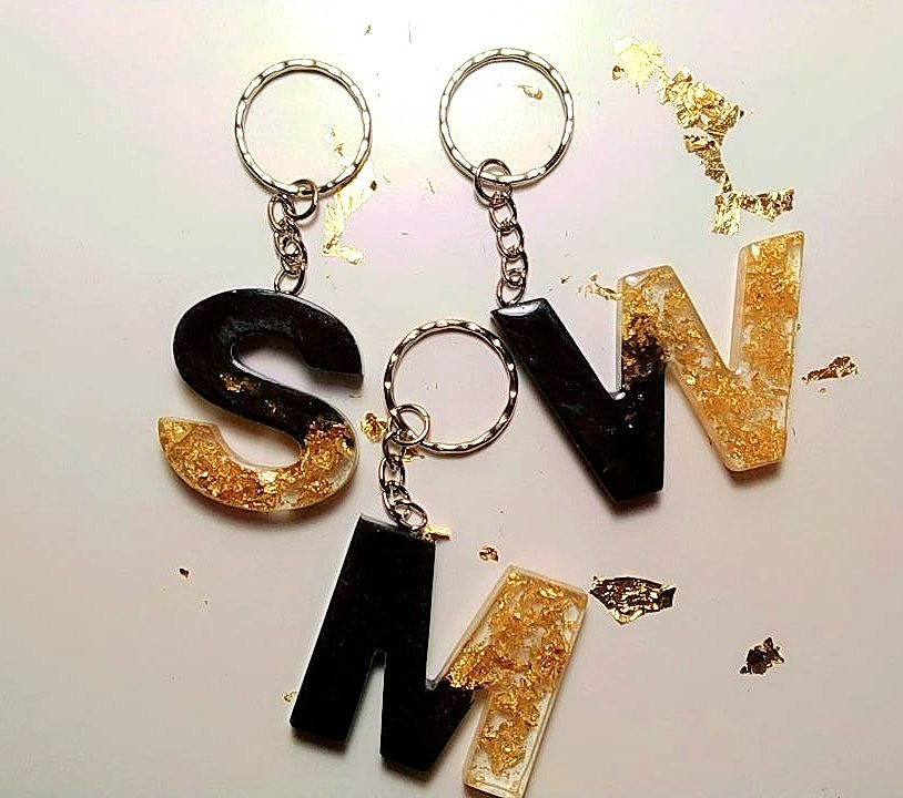 Resin Alphabet Keychain - Mica Colour with Gold Leaf Flakes