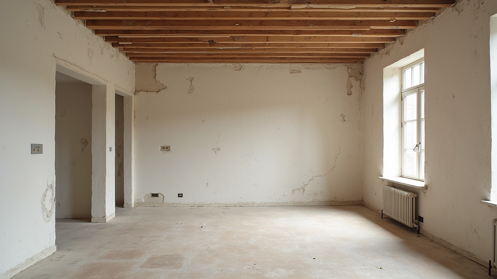 Wide angle view of a partially renovated living room with exposed walls