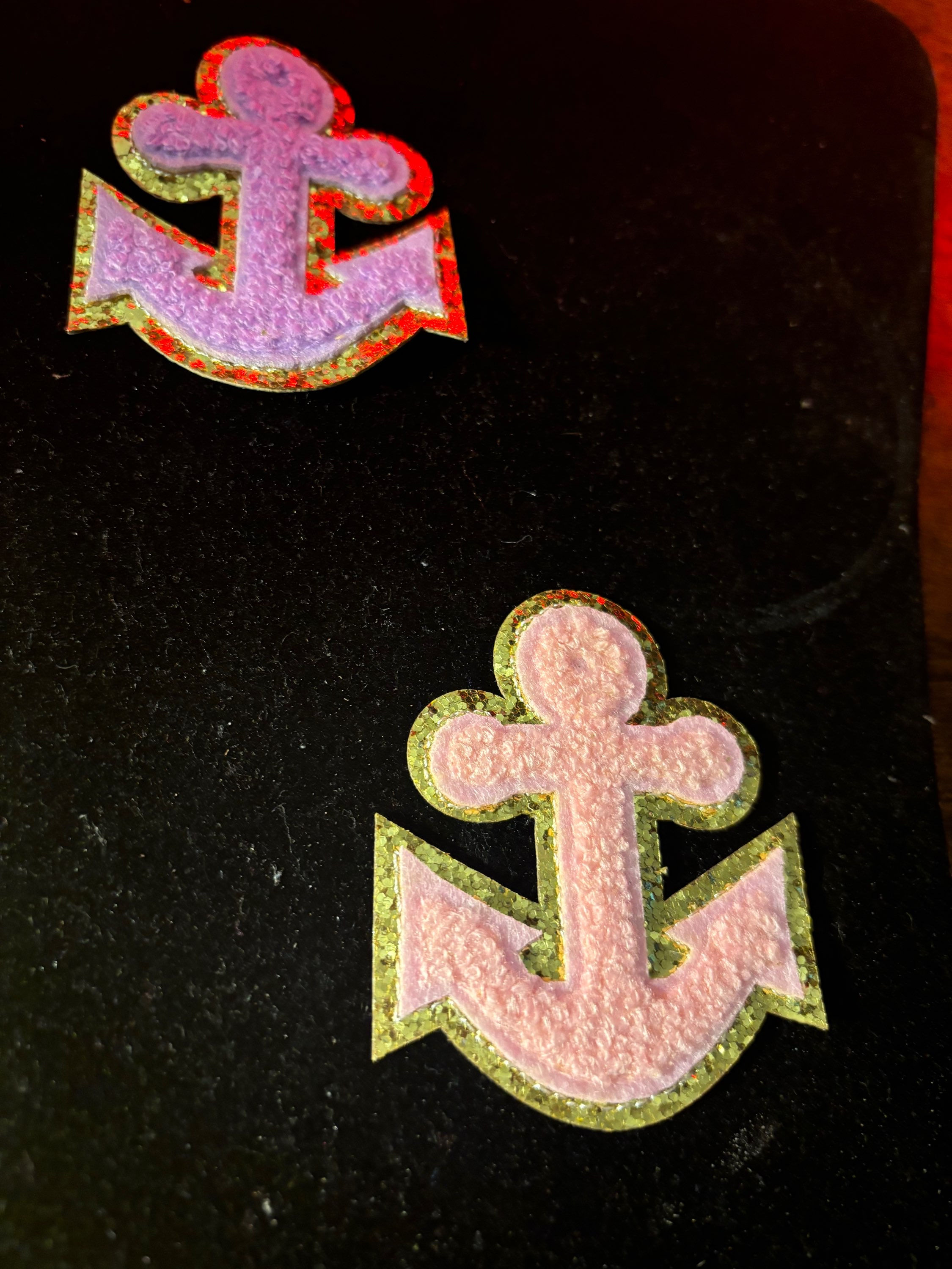Girly fluffy anchor with gold sequins patch 2 piece 