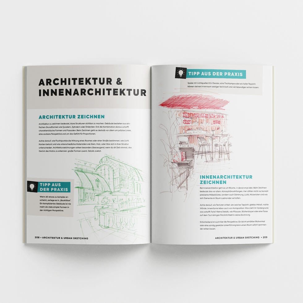 Innenseiten des TOPP Buchs mit vielfältigen Übungen zu Pflanzen, Tieren, Menschen, Architektur und modernem Design