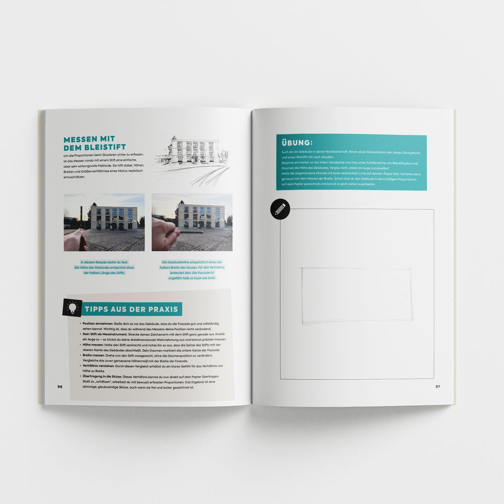 Innenseiten mit kreativen Aufgaben zu Urban Sketching, Stillleben, Design und vielen weiteren abwechslungsreichen Motiven