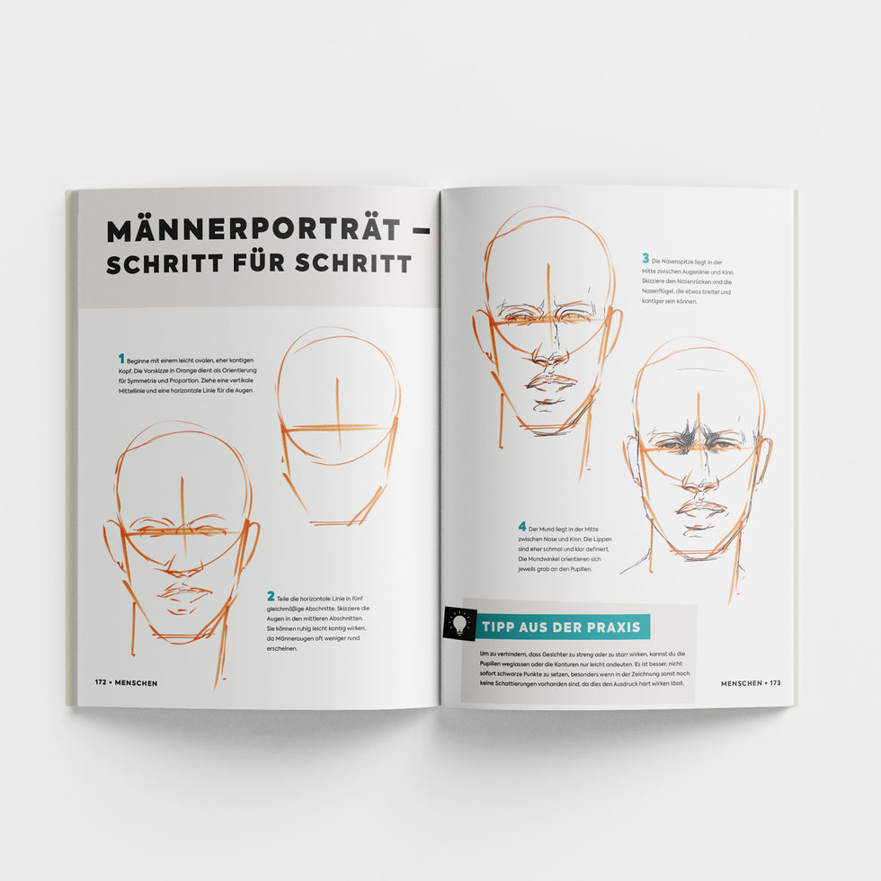 Offene Doppelseite aus dem Zeichenbuch mit praktischen Übungen zu den Themen Skizzieren, Schattieren, Licht und Schatten