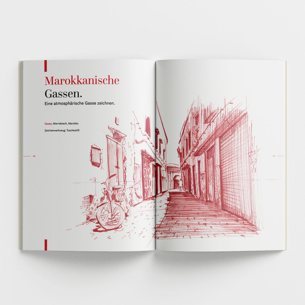 Beispielseiten mit authentischen Architektur-Skizzen, Fassaden, Räumen, exakter Linienführung und Zeichentechniken