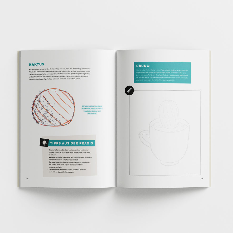 Offene Doppelseite aus dem TOPP Workbook „Richtig zeichnen lernen“ ideal zum Skizzieren, Zeichnen und freien Üben