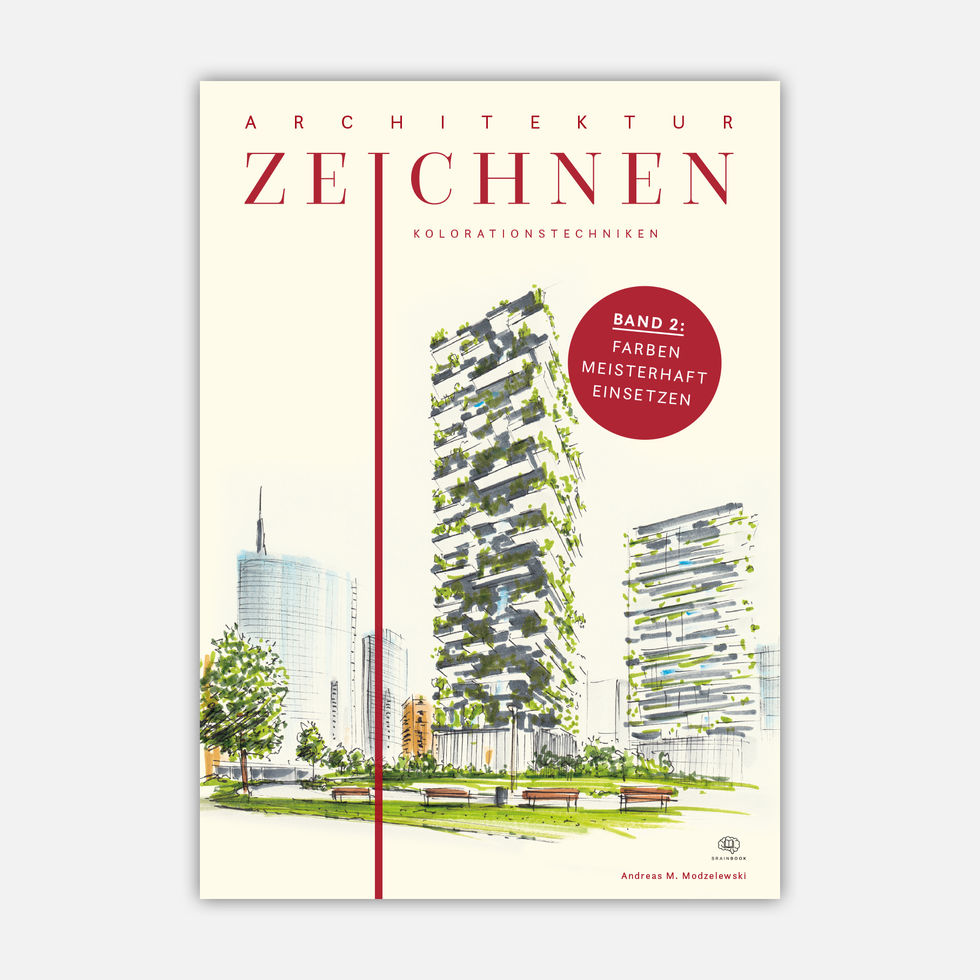 Cover des BrainBook-Buchs „Architektur zeichnen – Kolorationstechniken“ zum professionellen Kolorieren von Skizzen