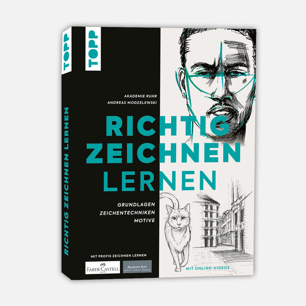 Das TOPP Zeichenbuch in der 3D-Ansicht von vorne und der Seite. Fokus auf Skizzieren, Schattieren und die Grundlagen