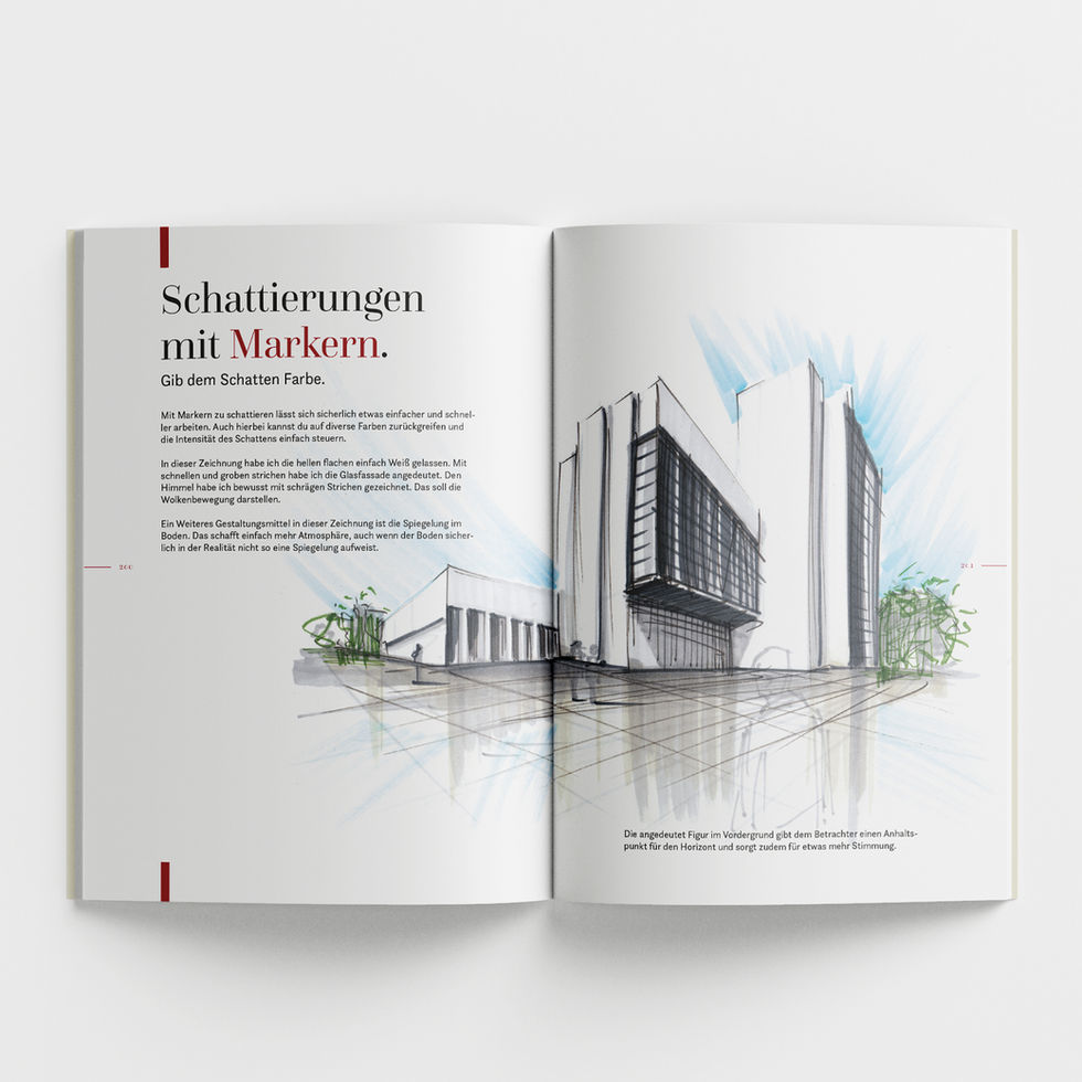 Beispielseiten mit Fokus auf Licht, Schatten, Farbwirkung, Raumtiefe und der finalen Präsentationszeichnung