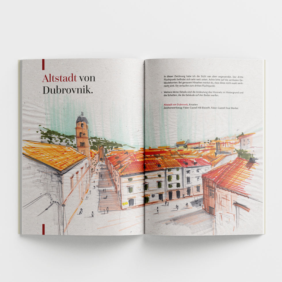 Eine Innenseite mit praktischen Übungen zum Kolorieren von komplexen Architekturzeichnungen und schnellen Gebäudeskizzen