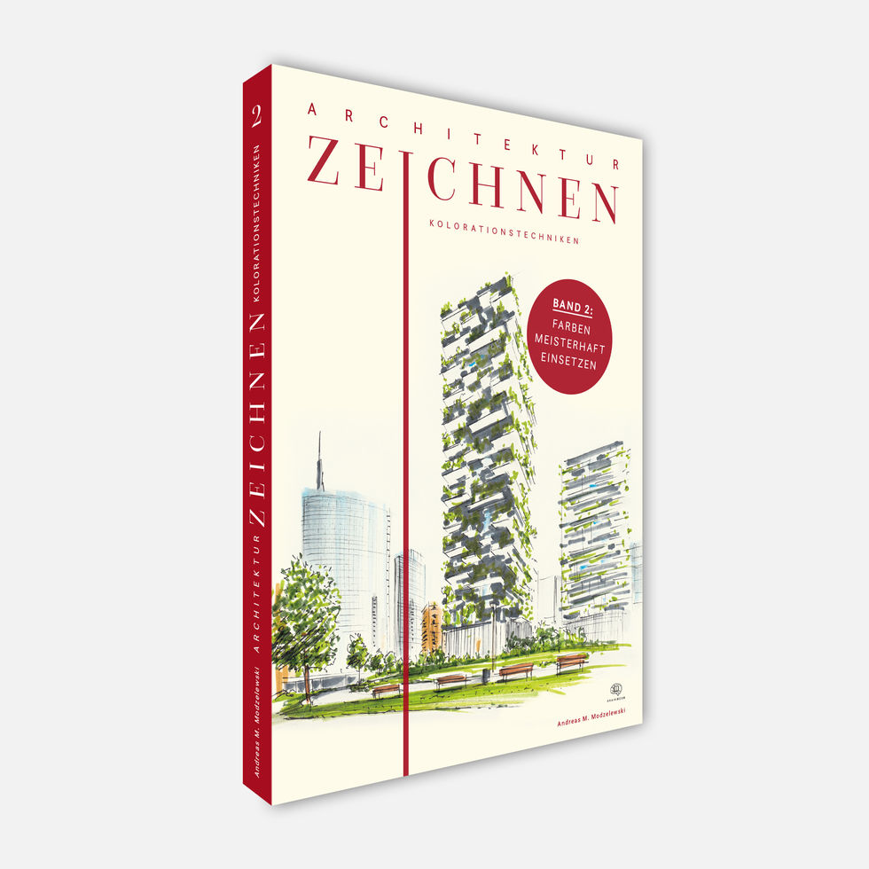 Das Buch von vorne und seitlich gezeigt. Ein tolles BrainBook Zeichenbuch rund um den Einsatz von Farbe und Architektur