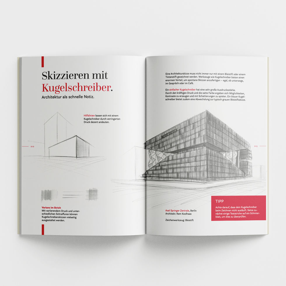 Offene Doppelseite mit Übungen zur Perspektive, dem Zeichnen von Gebäuden, Raumwirkung und kreativem Skizzieren