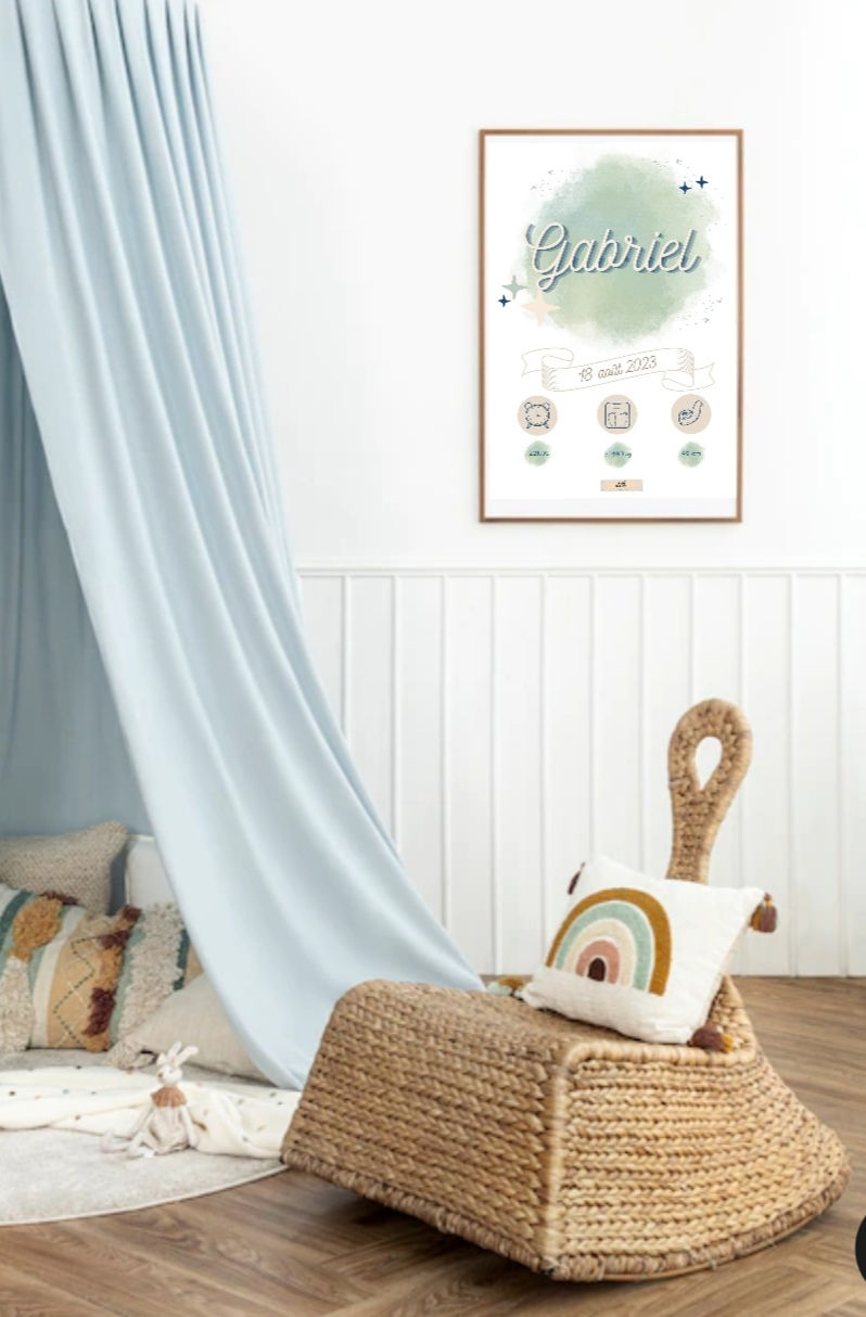 Miniature : Affiche de naissance personnalisée couleurs pastels avec prénom, date, poids, taille et heure de naissance