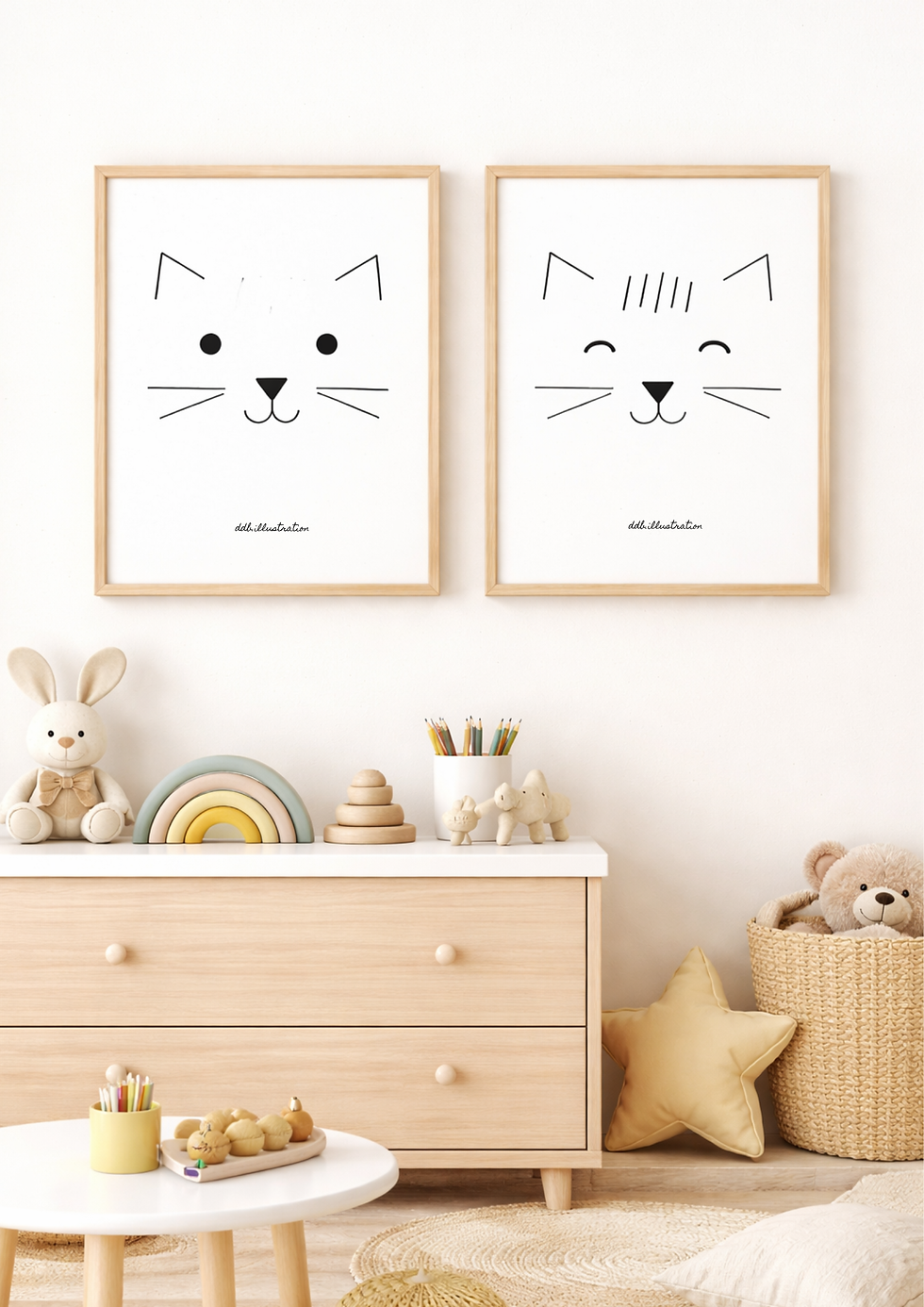 Lot de 2 affiches chats minimalistes au style épuré, illustration murale moderne et positive pour chambre enfant.