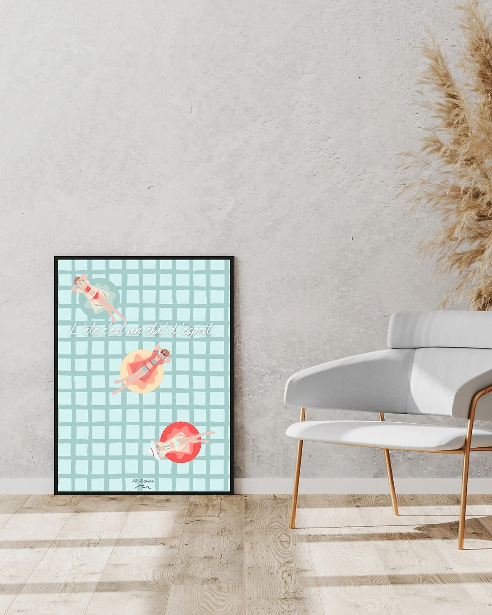 Miniature : Affiche illustrée représentant des personnes sur des bouées flottant dans une piscine, ambiance été, détente vacances