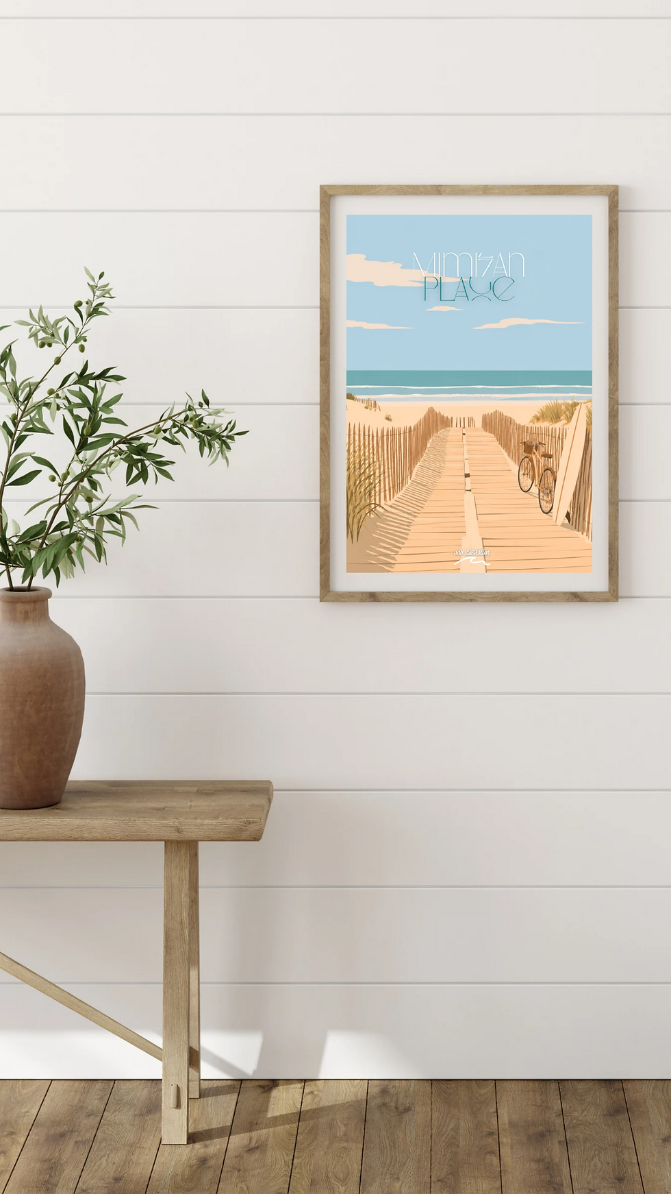 affiche déco illustrée de Mimizan plage avec un vélo et une planche de surf
